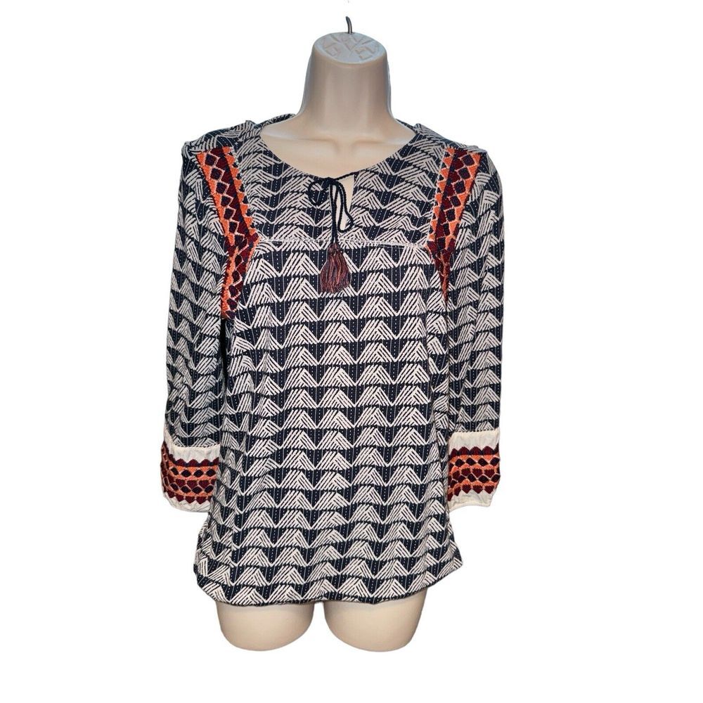 Lucky Brand Boho Split Tassel Tie Neck 3/4 Sleeve Boho Blouse Top Womens Medium
